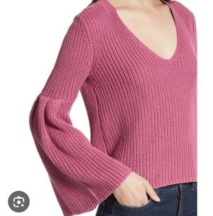 Free People Sweater Damsel Bell Sleeve Knit Rose Pink Boho Large V Neck Pullover
